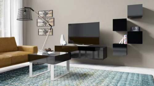 The glossy black CALABRINI XXI furniture set is an exceptionally stylish wall cabinet for the living room, with simple shapes, suitable for any interior