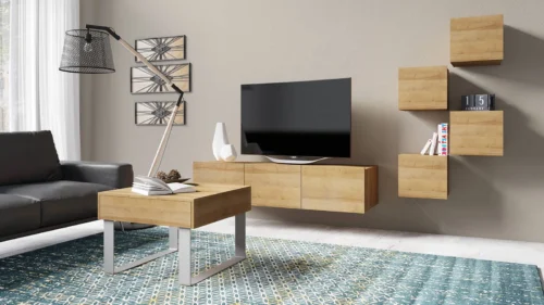 CALABRINI XXI” golden oak furniture set – an exceptionally stylish wall cabinet for the living room, with simple shapes that fit any interior