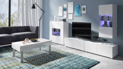 The white glossy CALABRINI XXII furniture set is an exceptionally stylish wall cabinet for the living room, with simple shapes, suitable for any interior