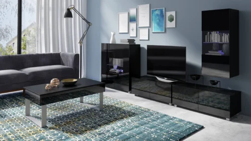 CALABRINI XXII” furniture set, glossy black, exceptionally stylish wall cabinet for the living room, simple shapes that fit any interior