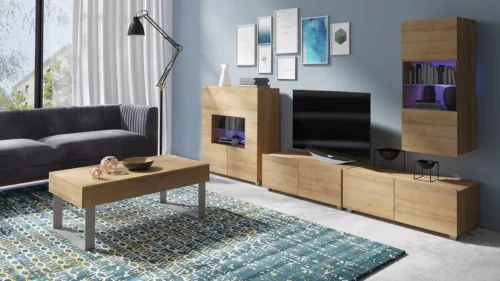 Apulia XXII golden oak furniture set, an exceptionally stylish wall cabinet for the living room, with simple shapes that fit any interior