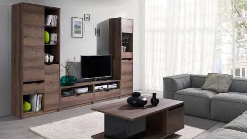 Denver Abbey Oak/Glossy Black Furniture Set, Simple Shape, Modern, Perfect Living Room Furniture, Durable Metal Handles