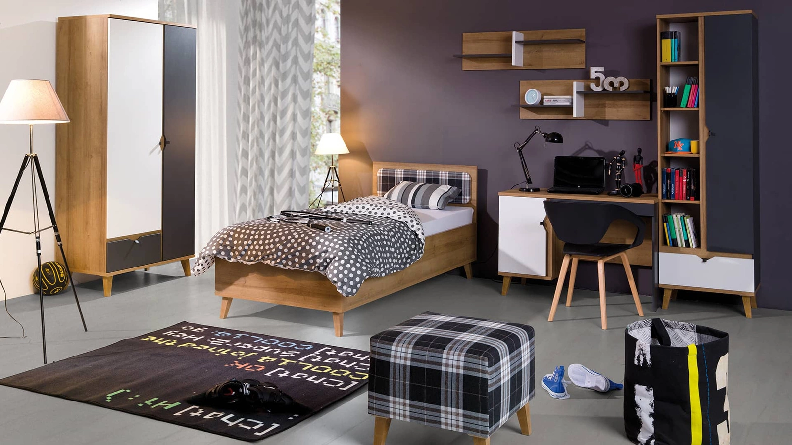 Memone furniture set, golden oak / white / graphite color, modern design, stylish Scandinavian style children's room furniture set