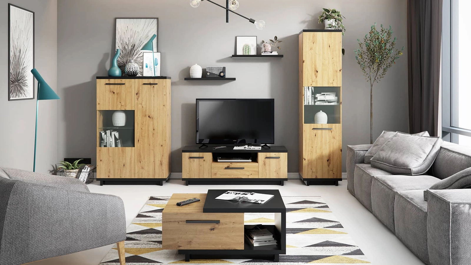 Simi GB furniture set in artistic oak/black, classic shape, made of high-quality laminated board, ideal wall cabinet for the living room