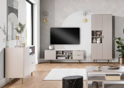 Sula furniture set, beige color, living room wall cabinet, enriched with metal decorative handles, grooved facades, click-opening system
