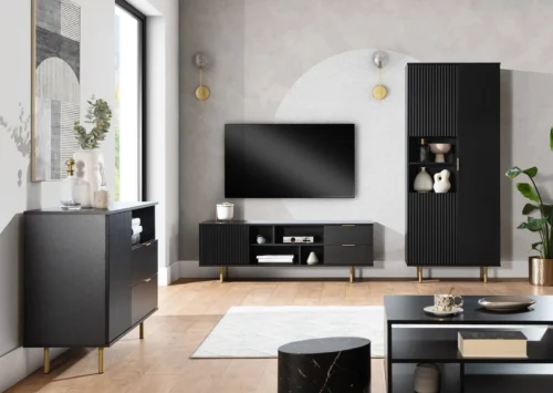 Sula furniture set, black, living room wall cabinet, enriched with metal handles, decorative grooved facades, click-opening system