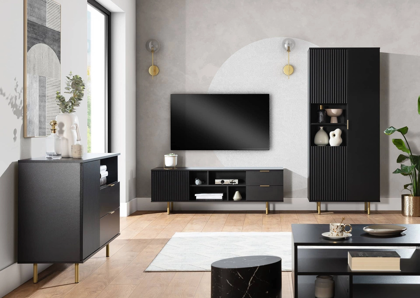 Sula furniture set, black, living room wall cabinet, enriched with metal handles, decorative grooved facades, click-opening system
