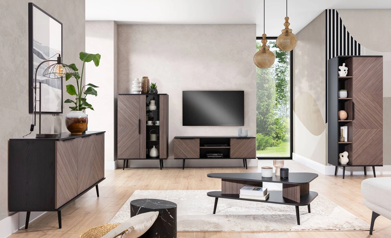 Tullio furniture set, graphite black/captain's deck color, elegant wall cabinet for living room with interesting knobs