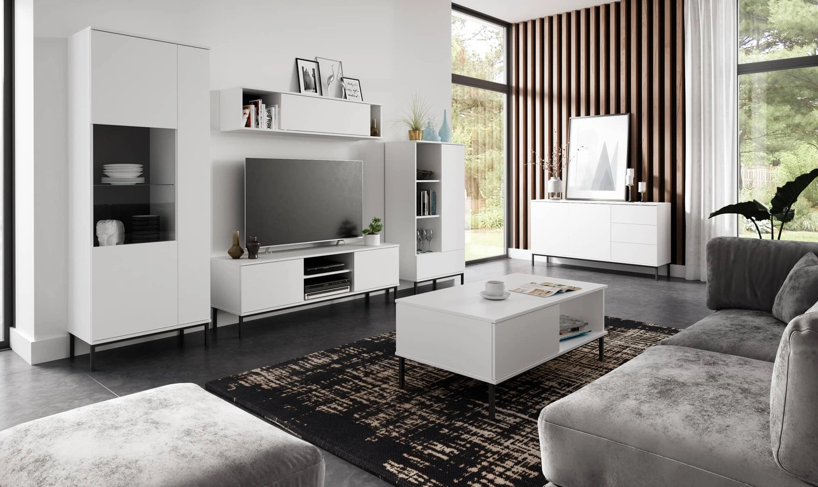 White "Tutti" furniture set, simple wall cabinet, sturdy elements on a black metal base, push-opening system without handles