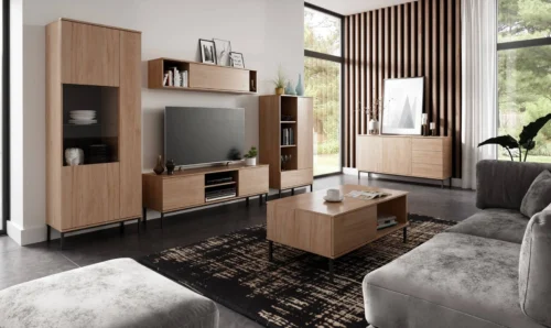 Tutti furniture set in hickory oak, simple wall cabinet, sturdy elements on a black metal base, handle-free push-opening system