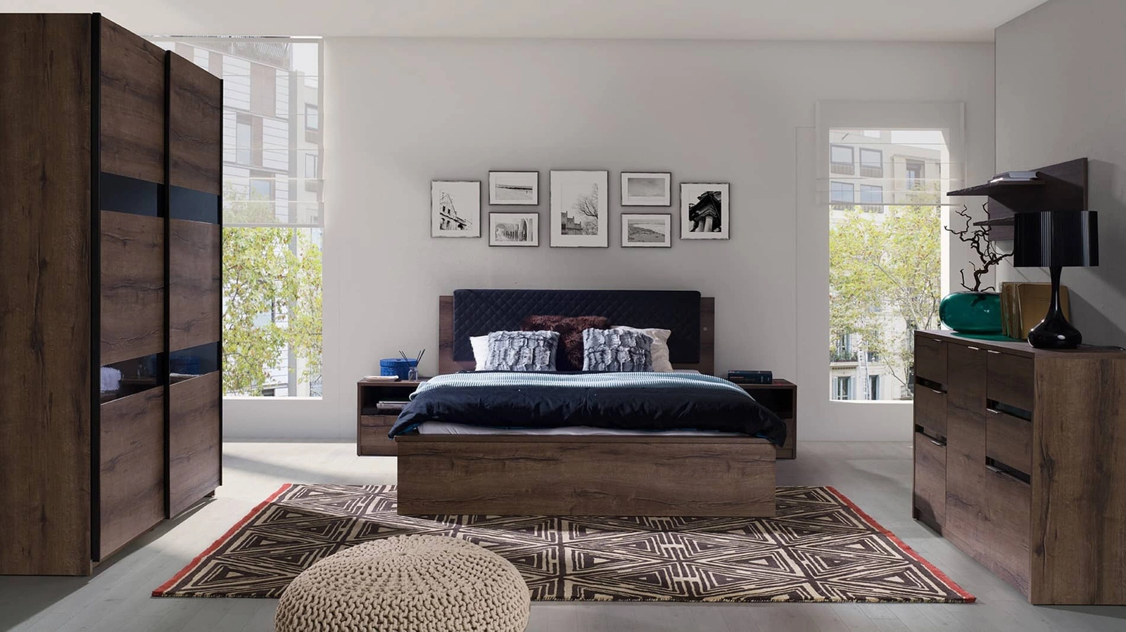 Denver Abbey Oak/Black Gloss Bedroom Set. High-quality bedroom furniture set with a timeless design