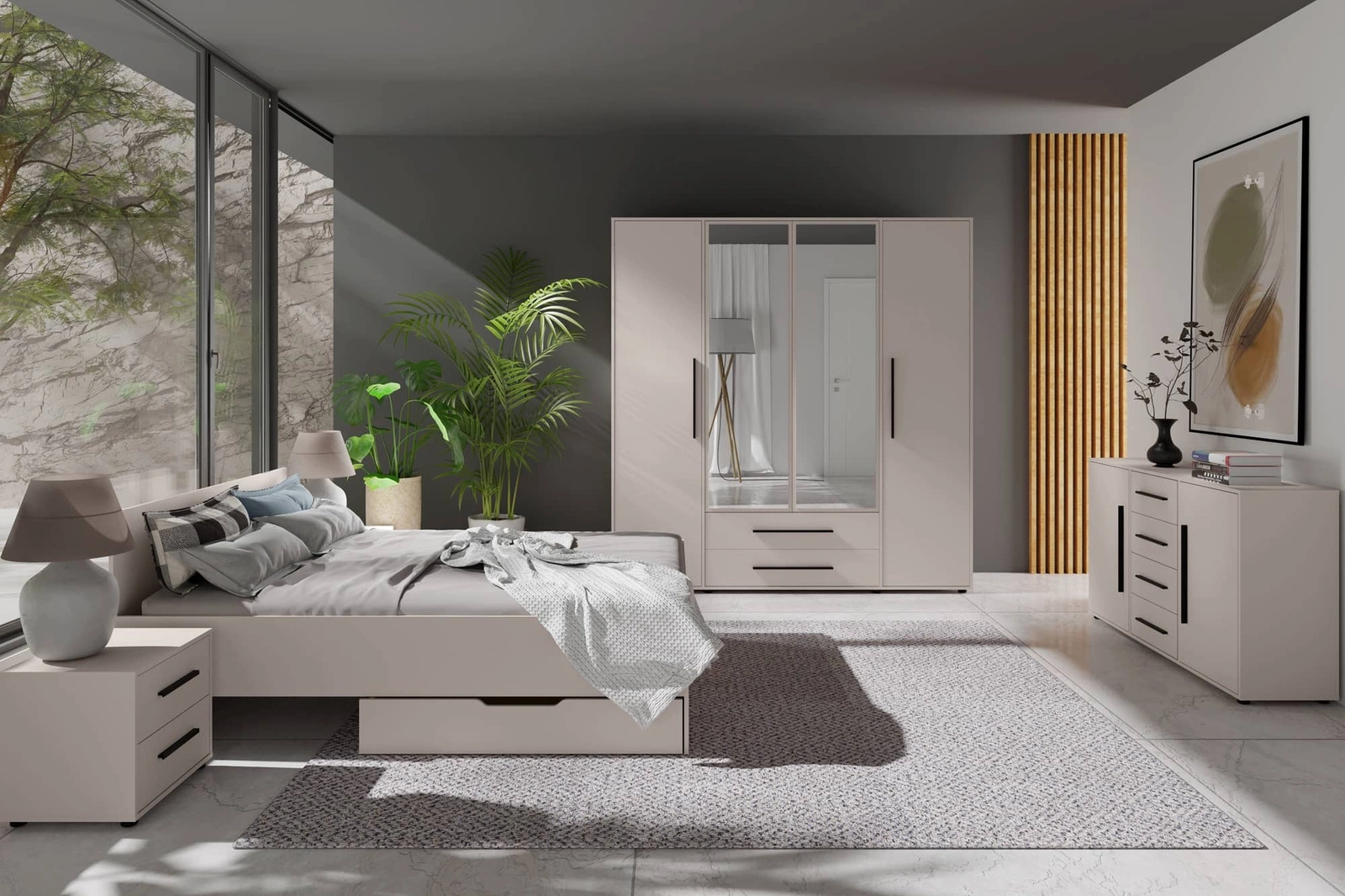 Maxione beige bedroom furniture set, elegant and versatile bedroom furniture set, tasteful black handles, high-quality manufacturing