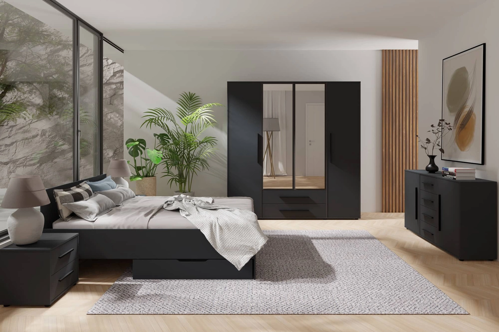 Maxione black bedroom furniture set, elegant and versatile bedroom furniture, tasteful black handles, high-quality manufacturing