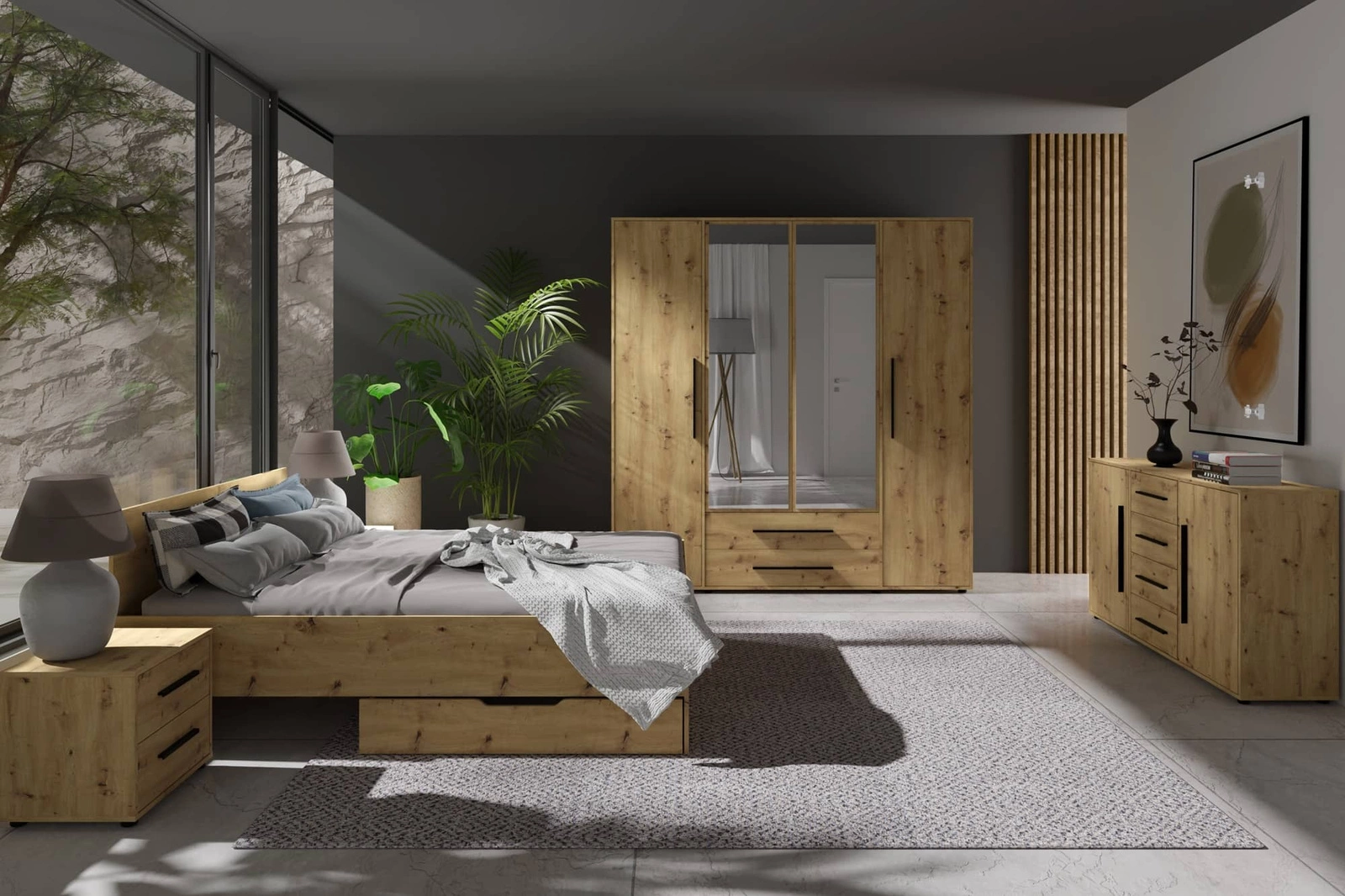 Maxione oak handmade bedroom furniture set, elegant and versatile bedroom furniture, tasteful handles, high-quality production