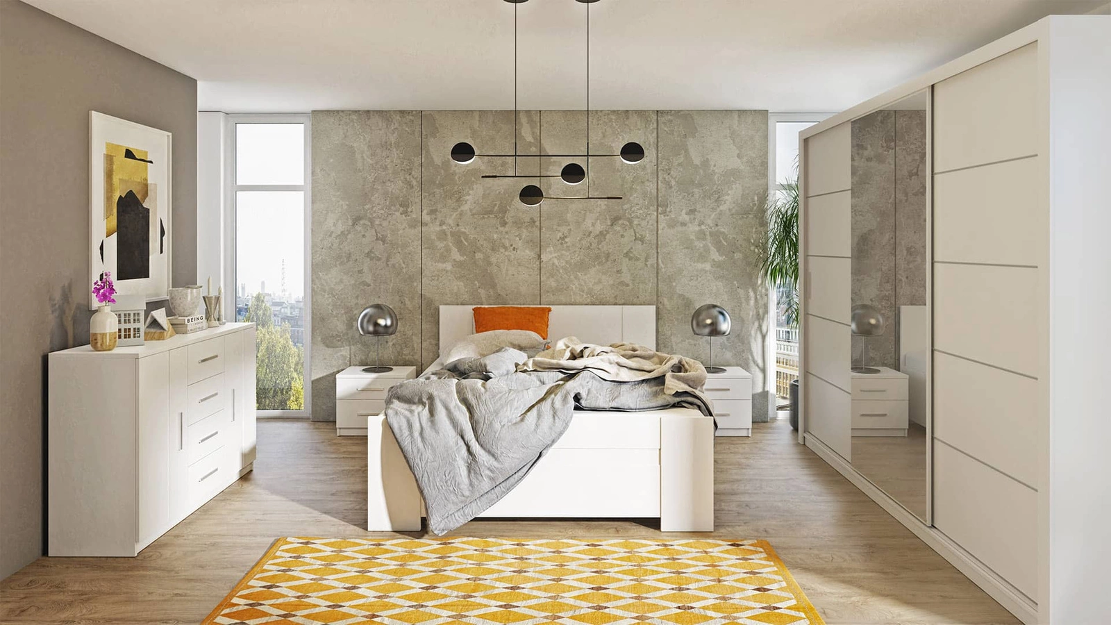 Rico white bedroom furniture set, timeless design, spacious sliding wardrobe with mirror