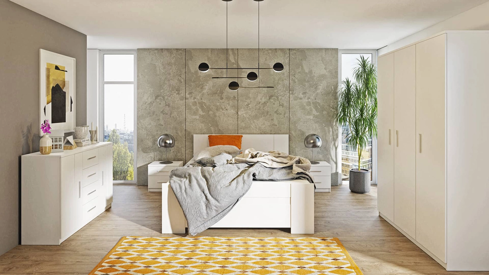 Rico white bedroom furniture set, timeless design, bedroom furniture set made of high-quality laminated board