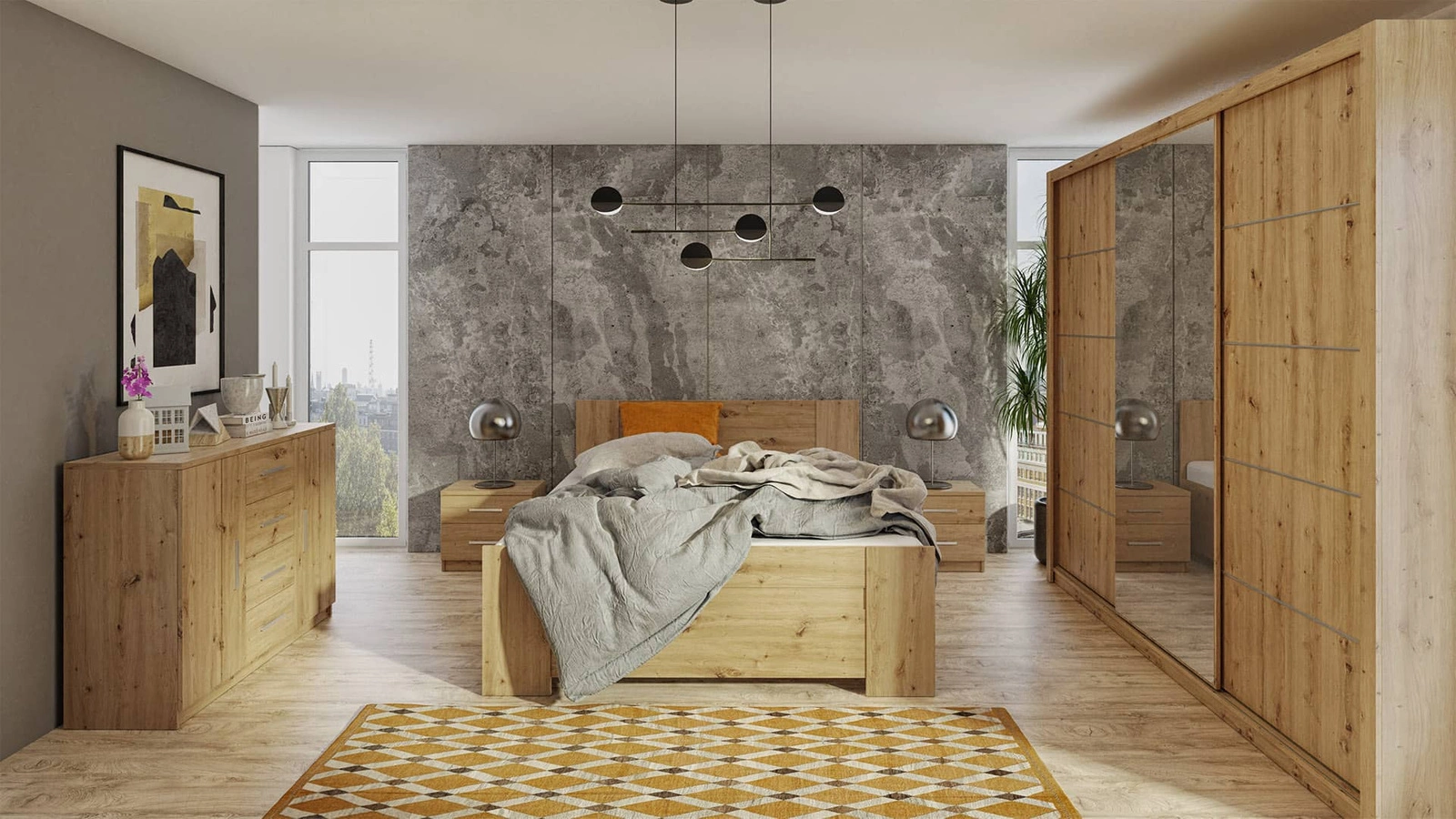 Rico bedroom furniture set, artistic oak colors, timeless design, spacious sliding wardrobe with mirror