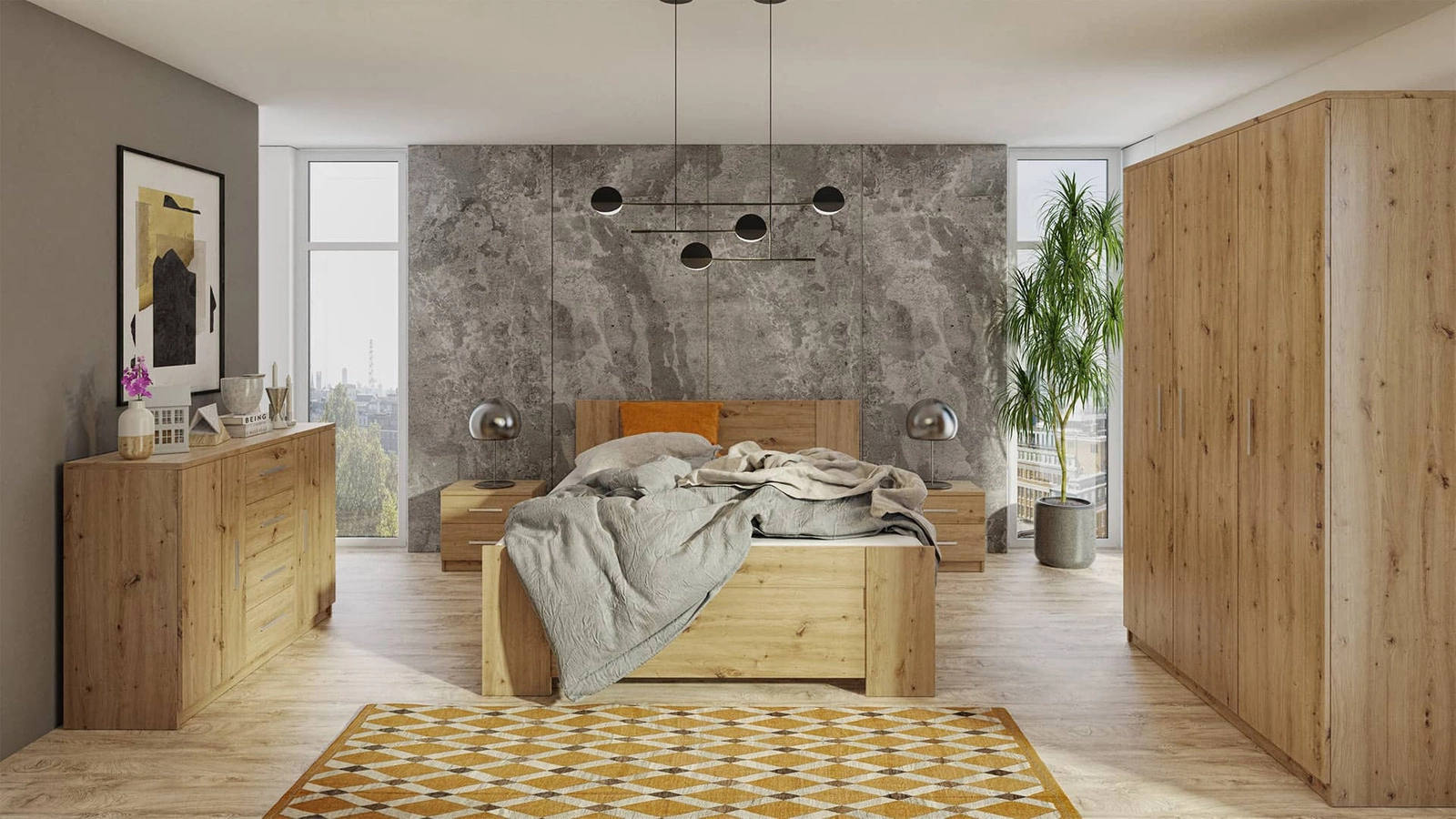 Rico Artisan Oak Bedroom Furniture Set. A timeless design bedroom furniture set made of high-quality laminated board