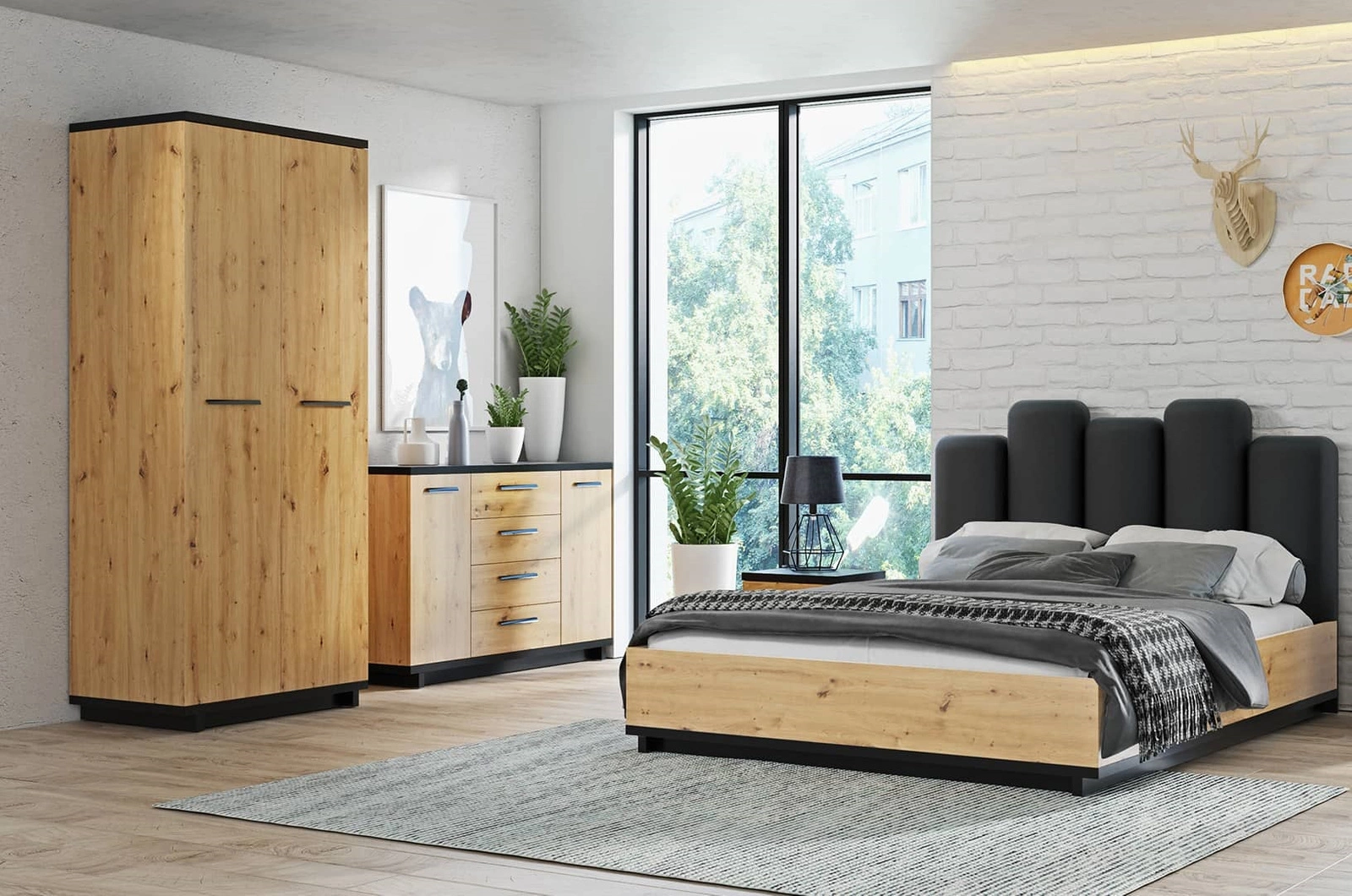 Simi GB Artisan oak/black bedroom furniture set. Modern design bedroom furniture set made of high quality laminated board
