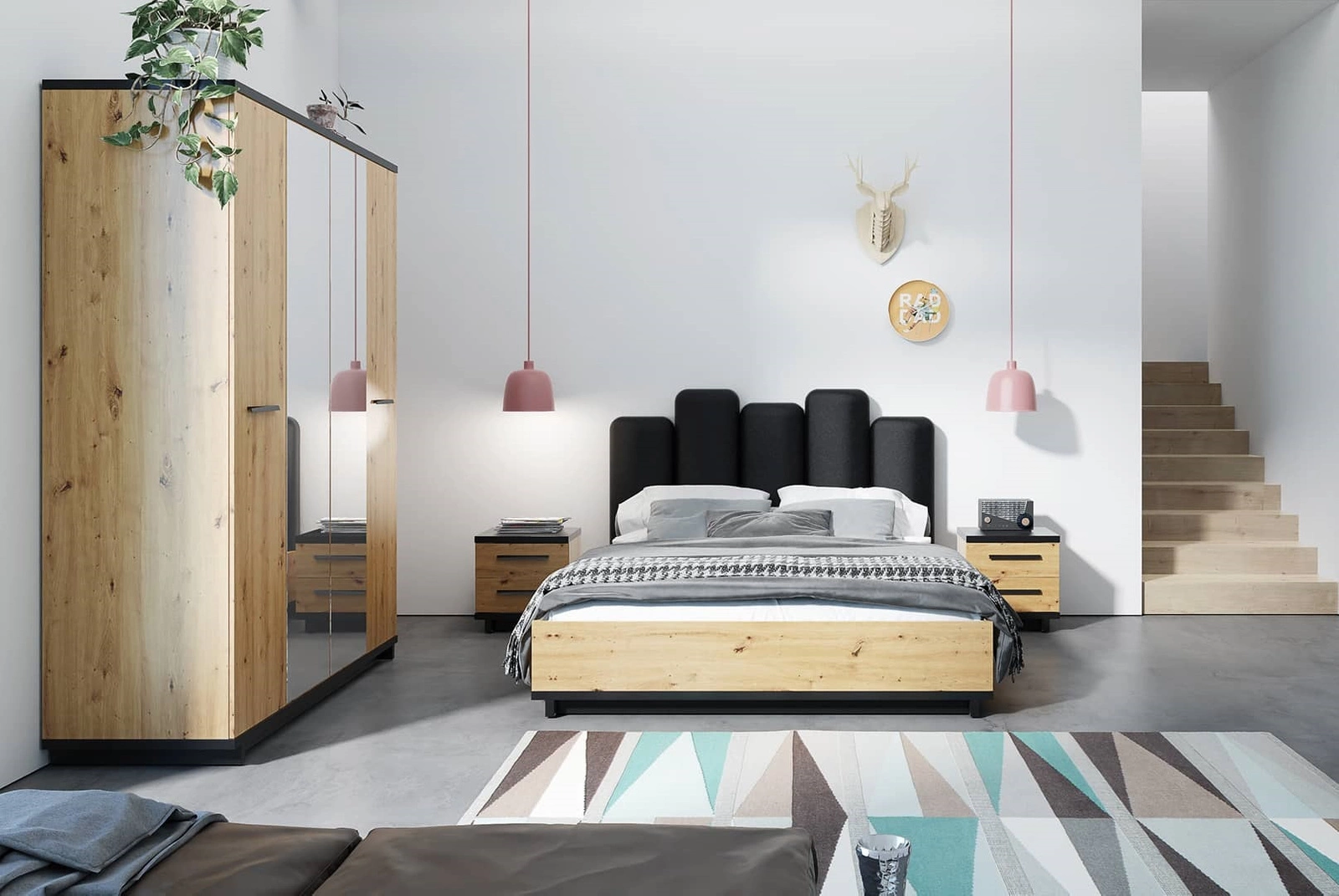 Simi GB Artisan oak/black bedroom furniture set. Modern design bedroom furniture set made of high quality laminated board