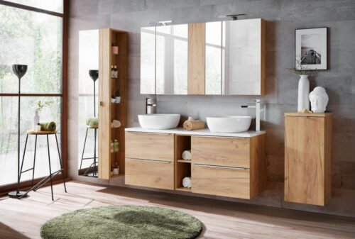 Bathroom furniture set 140 cm, oak color, Capri, with white countertop