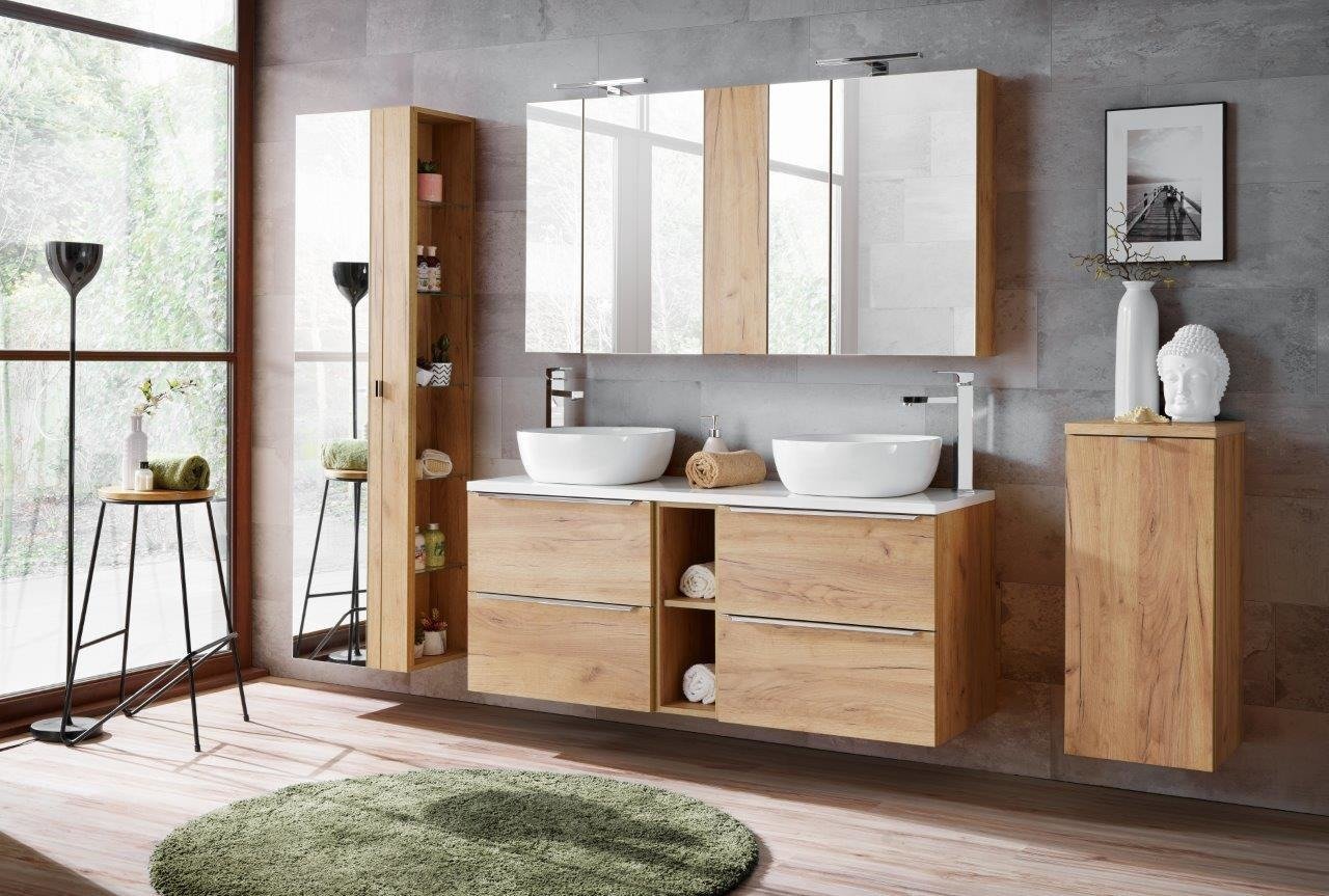 Bathroom furniture set 140 cm, oak color, Capri, with white countertop