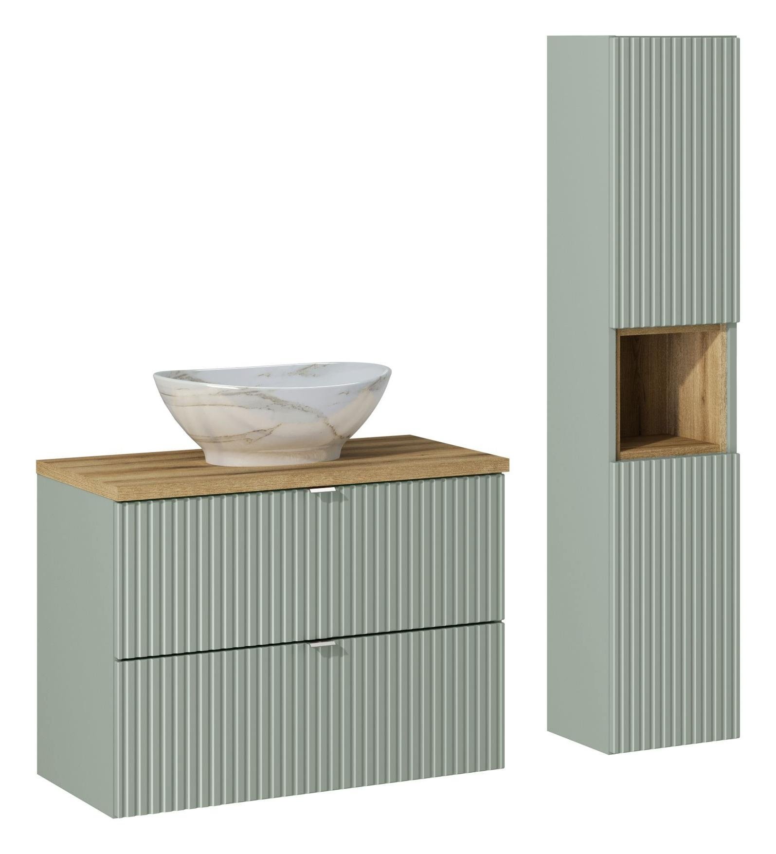 Set with oak countertop and "Pati 80 cm Line Reed Green" washbasin