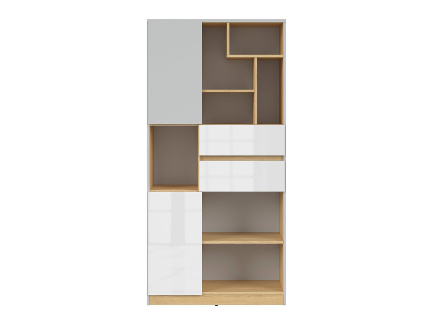 NANDU two-door bookcase with two drawers 79.5 cm light gray/polished oak/glossy white - Image 2