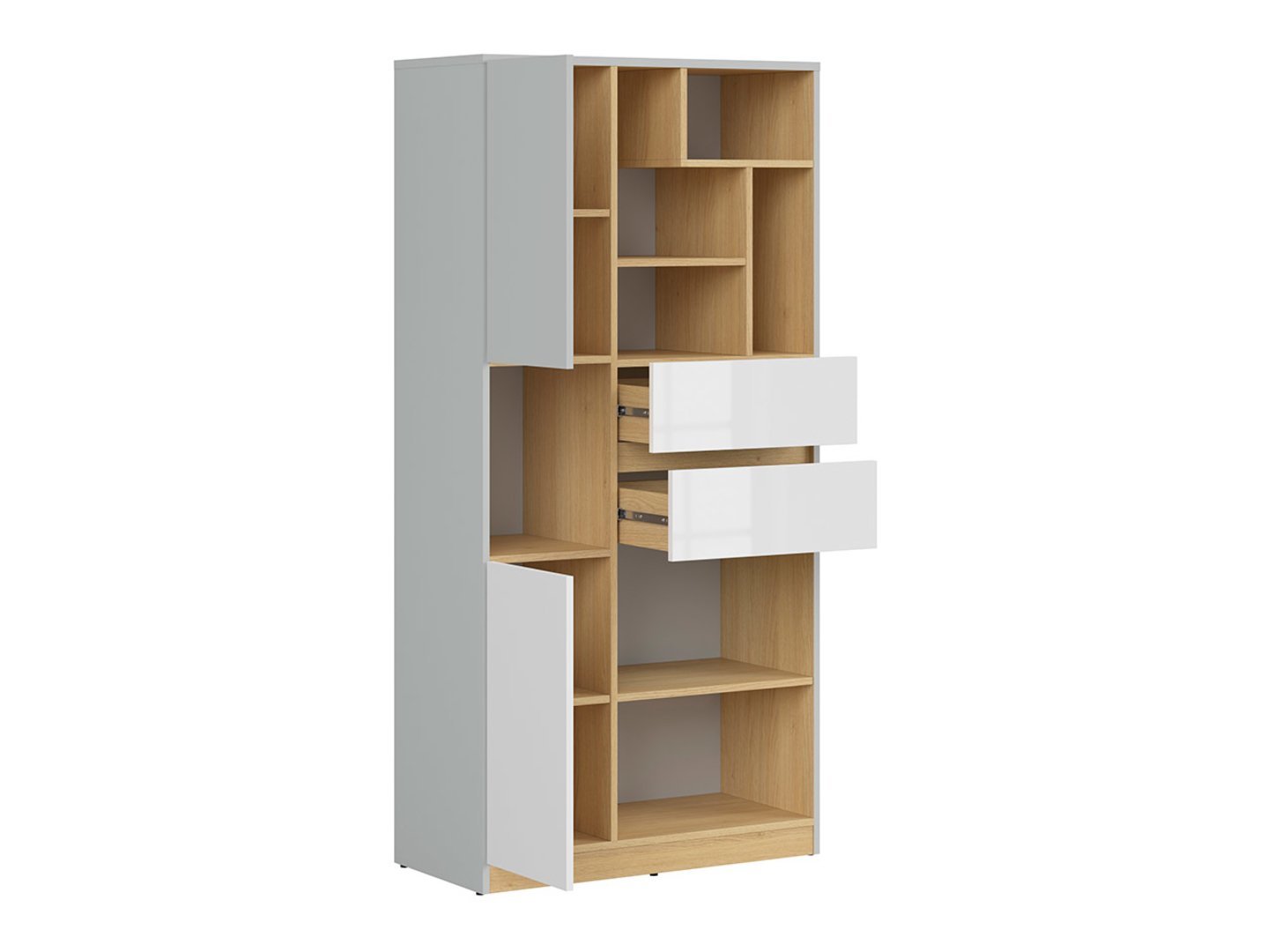 NANDU two-door bookcase with two drawers 79.5 cm light gray/polished oak/glossy white - Image 3