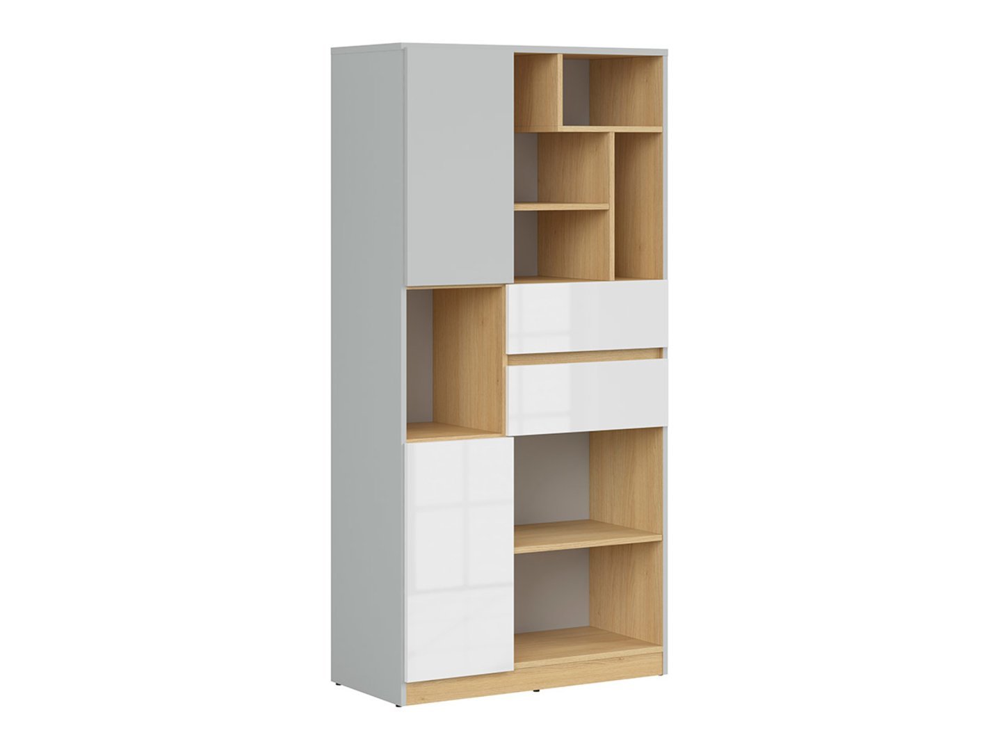 NANDU two-door bookcase with two drawers 79.5 cm light gray/polished oak/glossy white