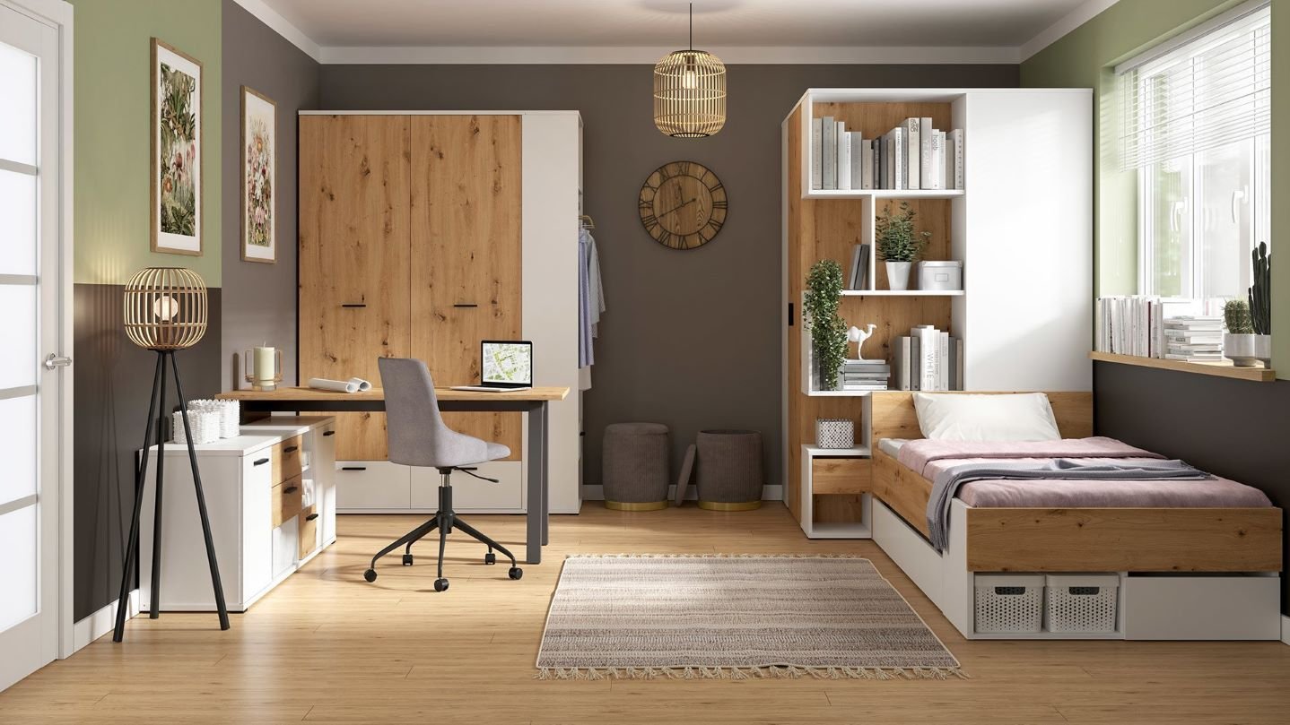 Right-hand wardrobe with 2 doors and 3 drawers "Homeland", 136 cm, white/artisan oak - Image 4