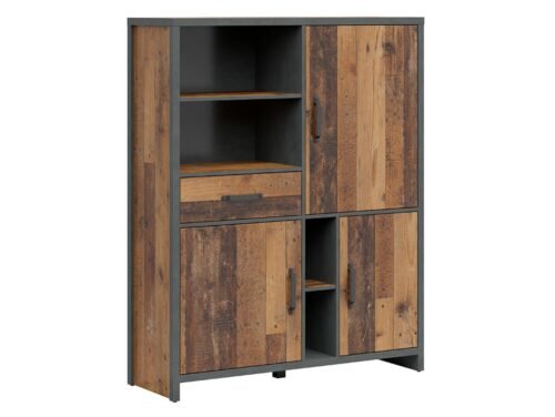 WESTON three-door bookcase with drawer, 120 cm, antique style, dark pine/mattress