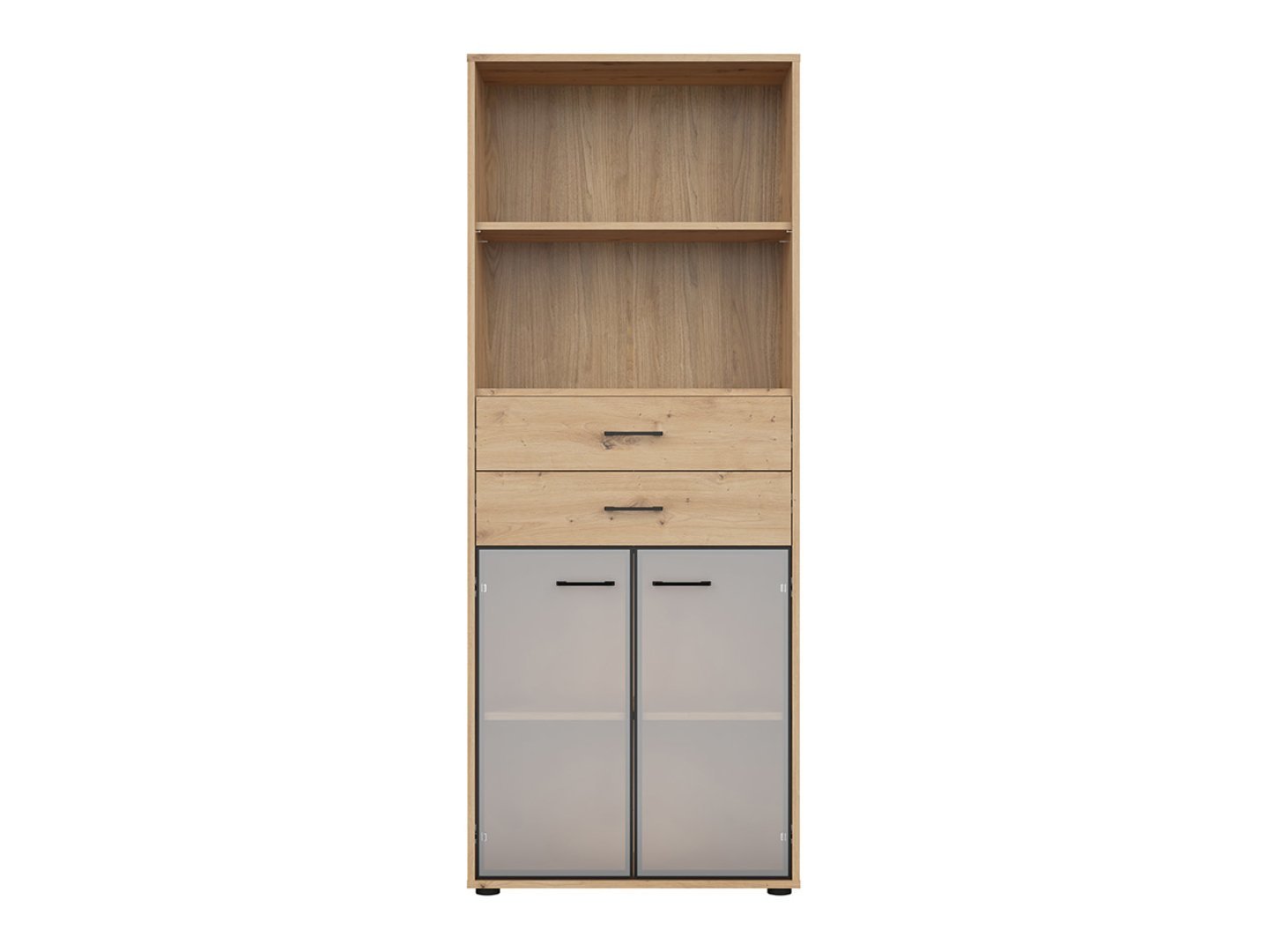 SPACE OFFICE bookcase with glass doors and two drawers, 80 cm, faux oak / matte black