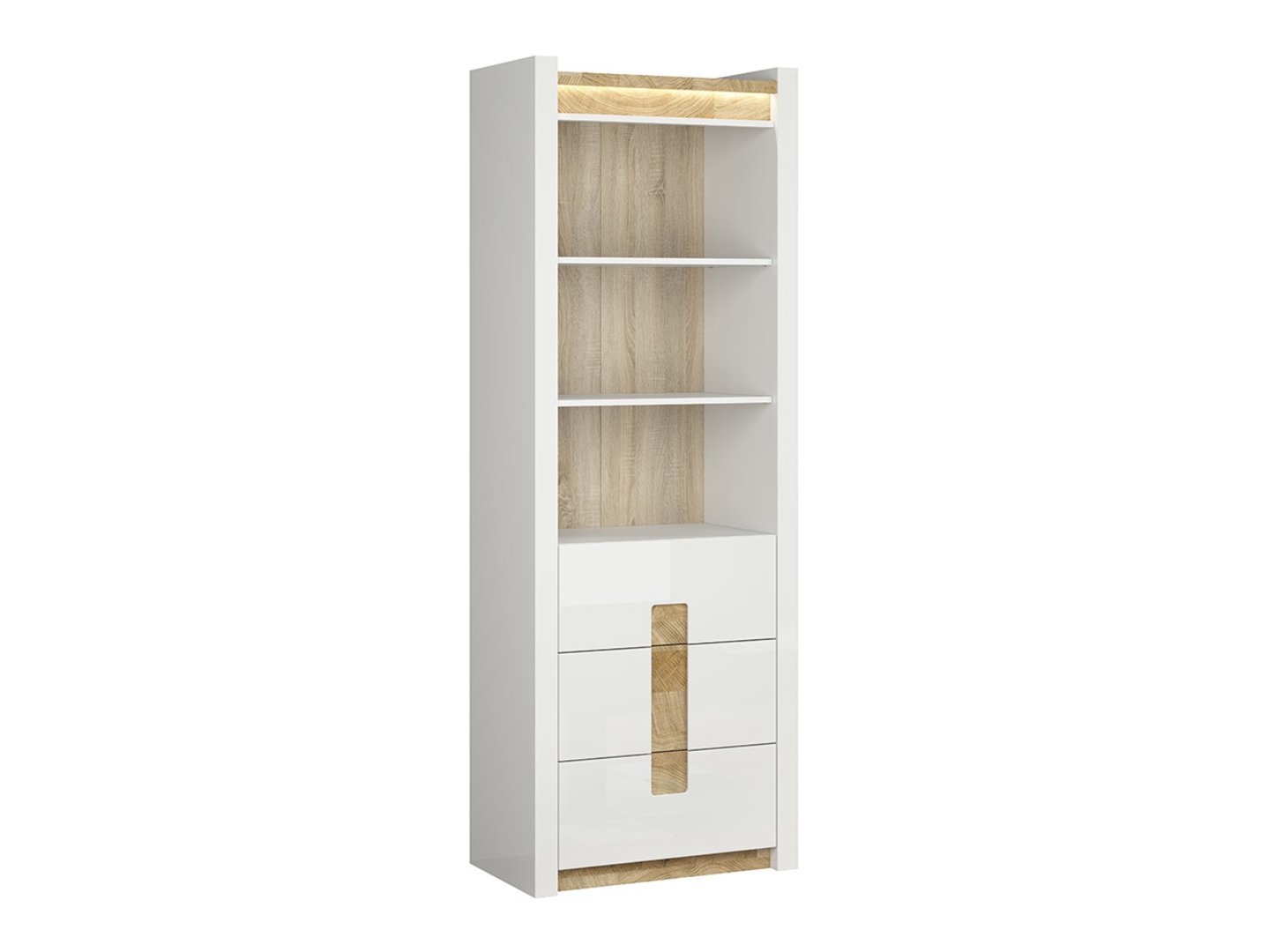 ALAMEDA bookcase with 3 drawers, 72 cm, glossy white/Westminster oak