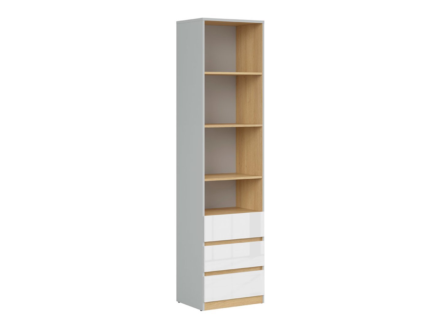 NANDU bookcase with 3 drawers, 50 cm, light grey/polished oak/high-gloss white
