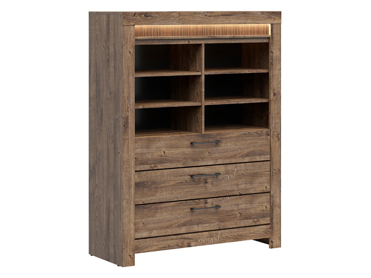 TORIN bookcase with three drawers, 114 cm, oak brown, ribbed pattern