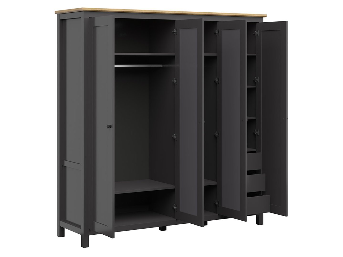 HESEN four-door wardrobe with two mirrors and three internal drawers, 197 cm, graphite/artificial oak - Image 3