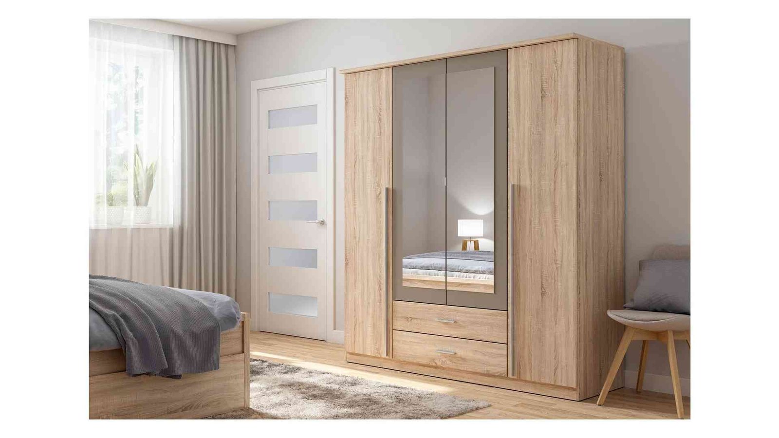 Four-door wardrobe with mirrors and two drawers KREDO Sonoma oak/gray