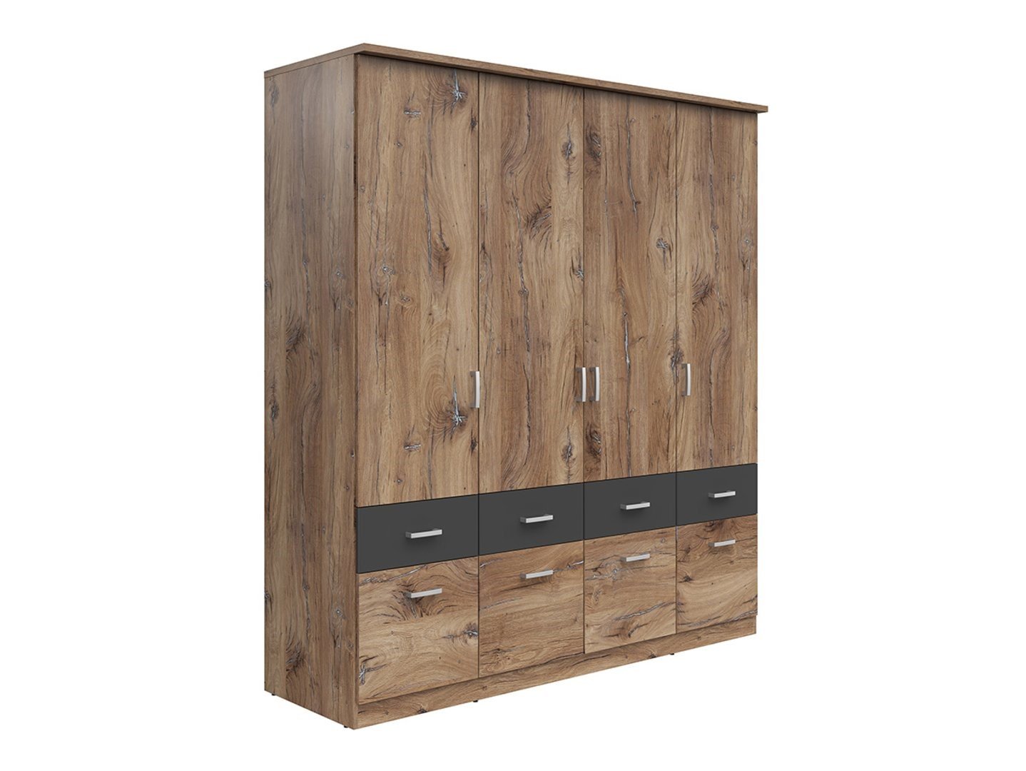 Four-door wardrobe with eight drawers BRANDO 4, artificial oak/textile/white