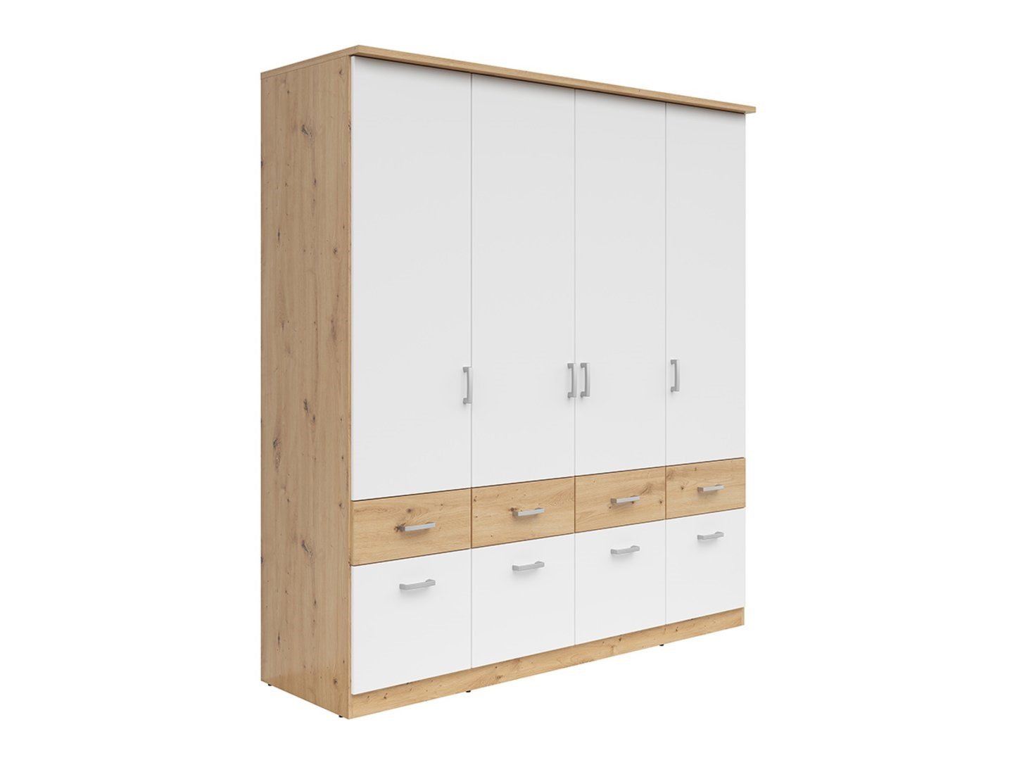 Four-door wardrobe with eight drawers BRANDO 4, artificial oak/textile/white