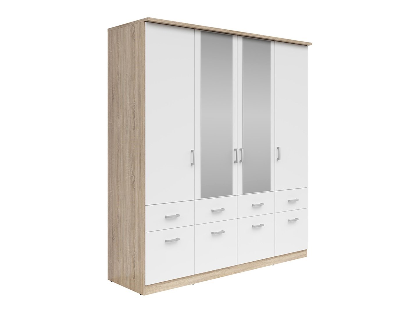 Four-door wardrobe with six drawers and mirror BRANDO 4, Sonoma oak/textile/white