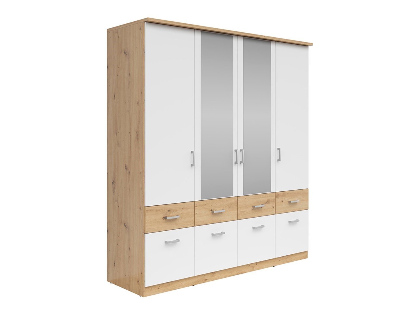 Four-door wardrobe with six drawers and mirror BRANDO 4, oak/textile/white