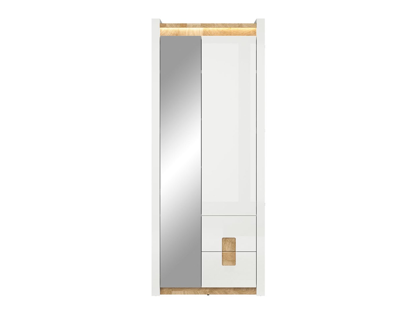 Single-door hallway wardrobe with mirror and two drawers ALAMEDA, 82 cm, glossy white/westminster oak - Image 2