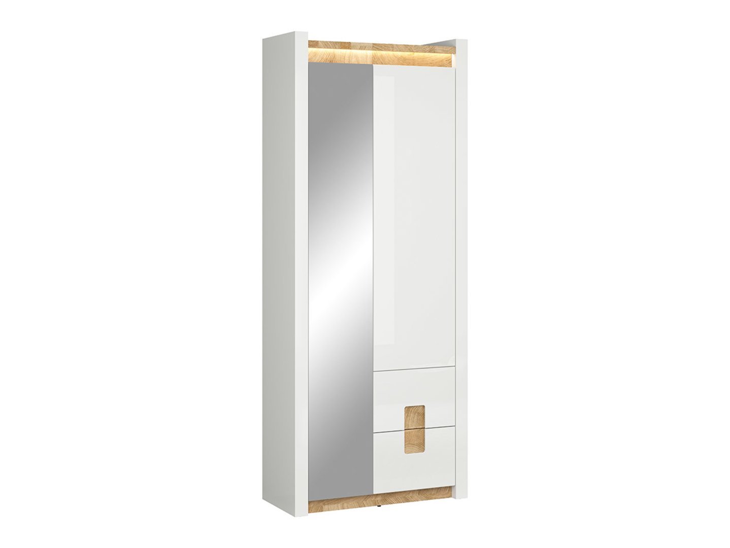 Single-door hallway wardrobe with mirror and two drawers ALAMEDA, 82 cm, glossy white/westminster oak