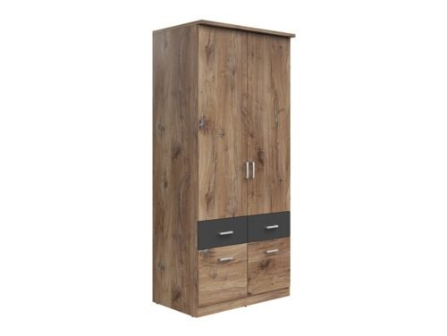 Two-door wardrobe with four drawers BRANDO 2, dark oak flag color/textile/graphite