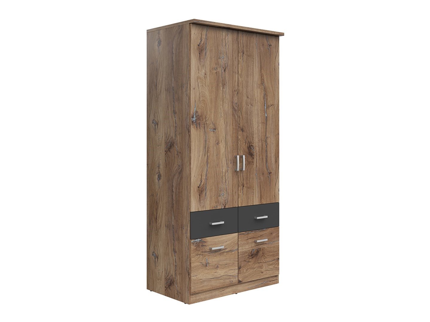 Two-door wardrobe with four drawers BRANDO 2, dark oak flag color/textile/graphite
