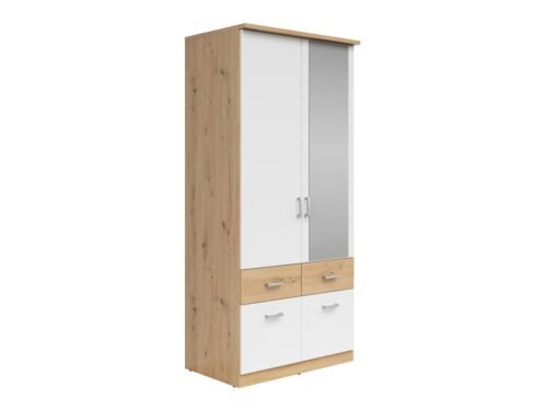 Two-door wardrobe with four drawers and mirror BRANDO 2, oak/textile/white