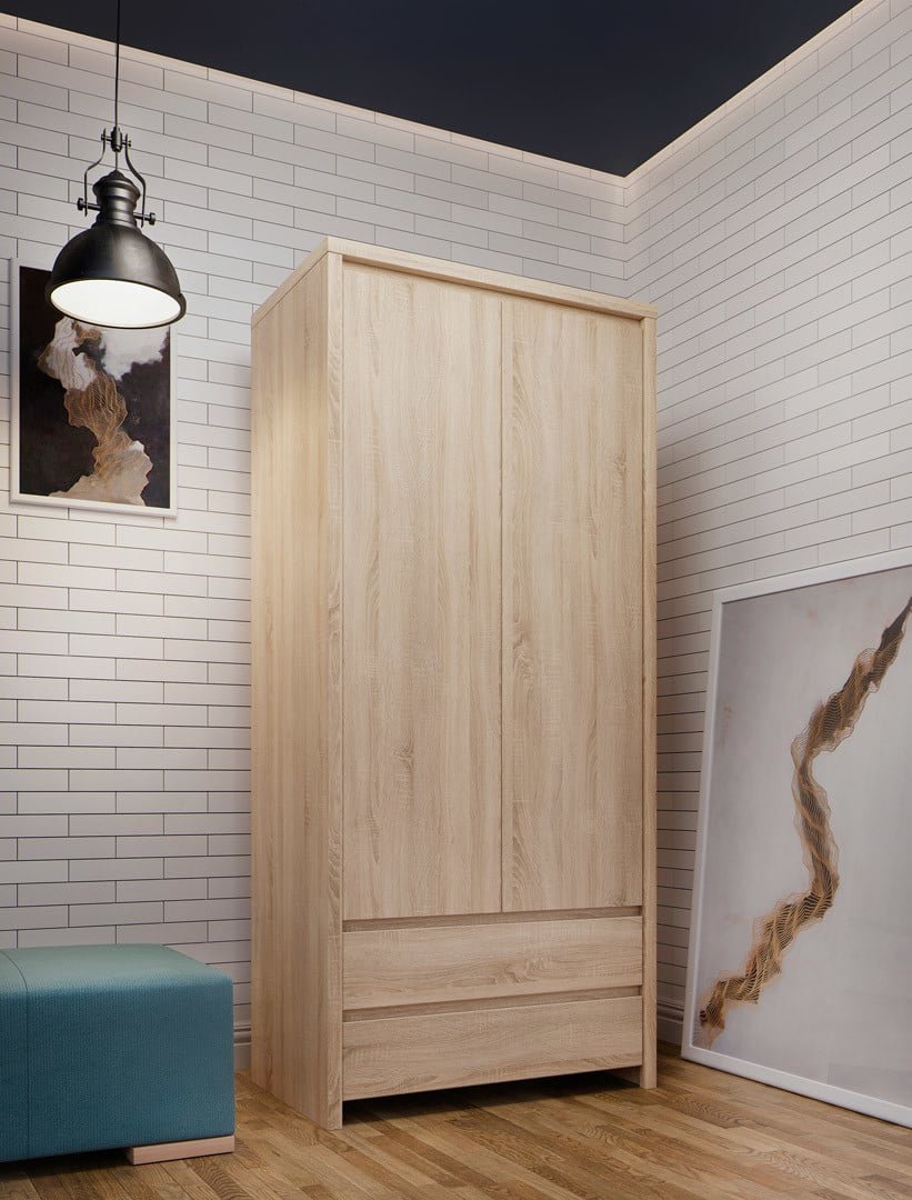 Two-door wardrobe with two drawers KASPIAN 90 cm Sonoma oak/Sonoma oak - Image 4