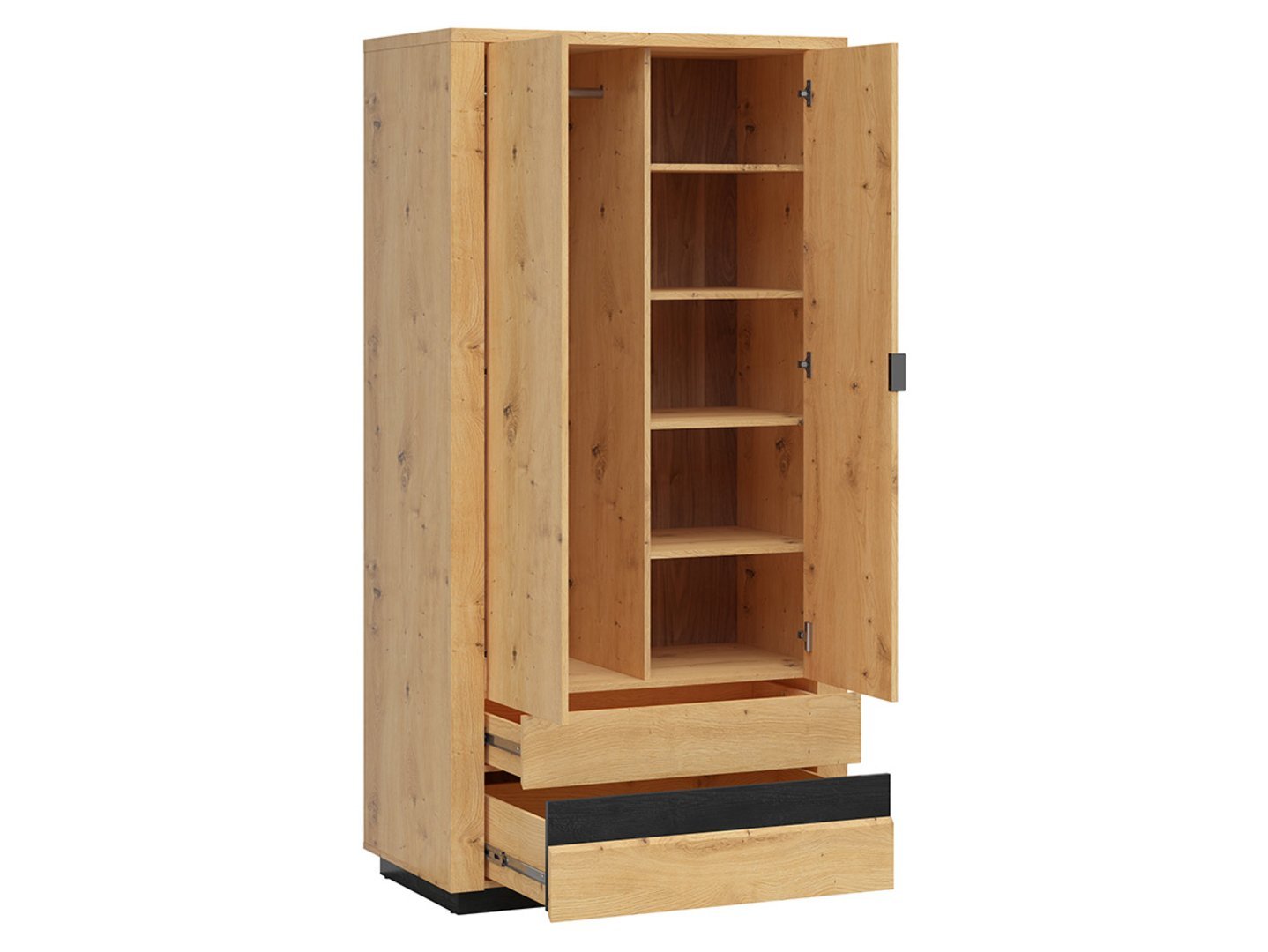OSTIA two-door wardrobe with two drawers, 100.5 cm, faux oak/glossy black - Image 2
