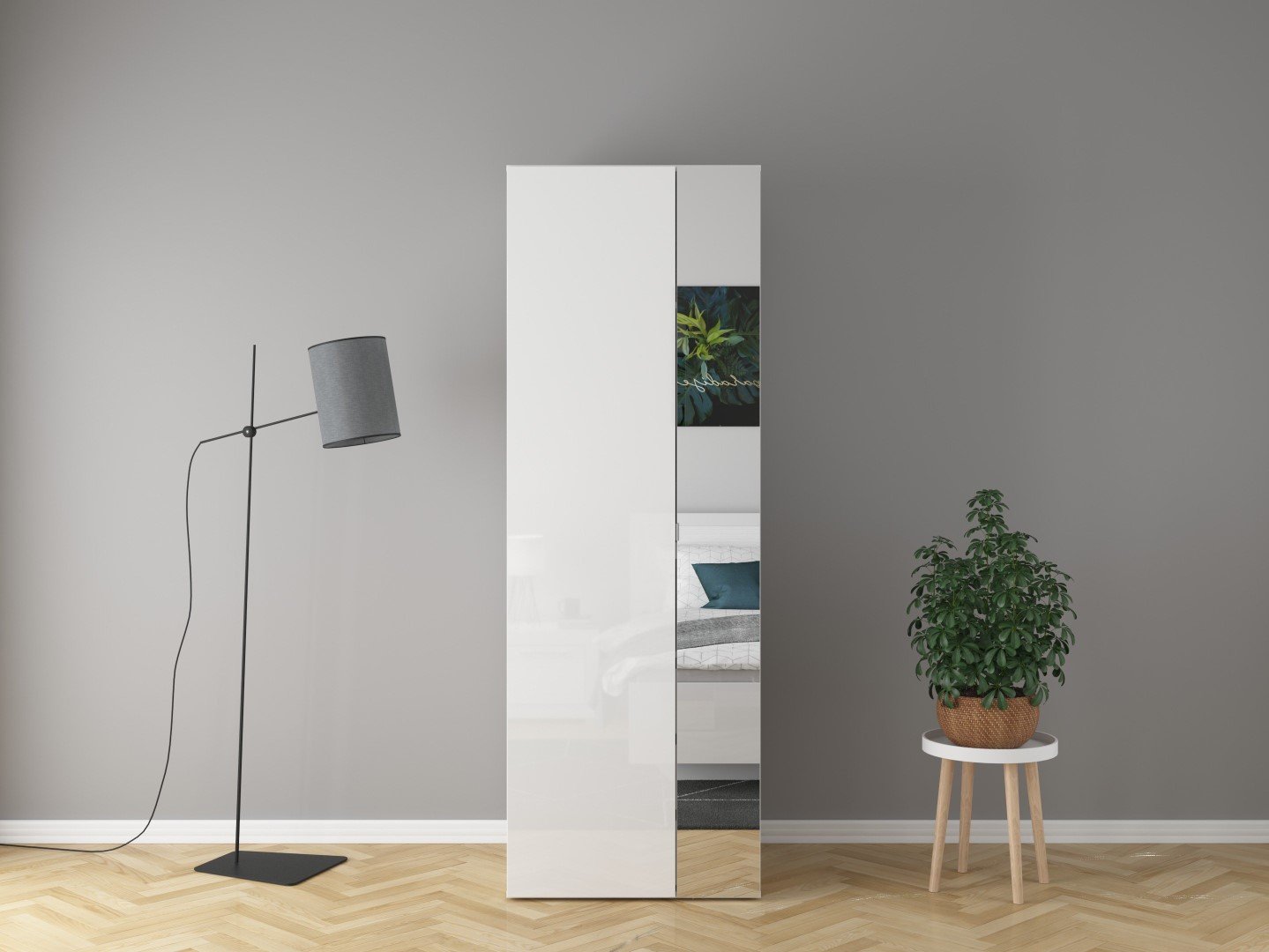 FLEX 75 cm two-door wardrobe with mirror, white/gray - Image 3